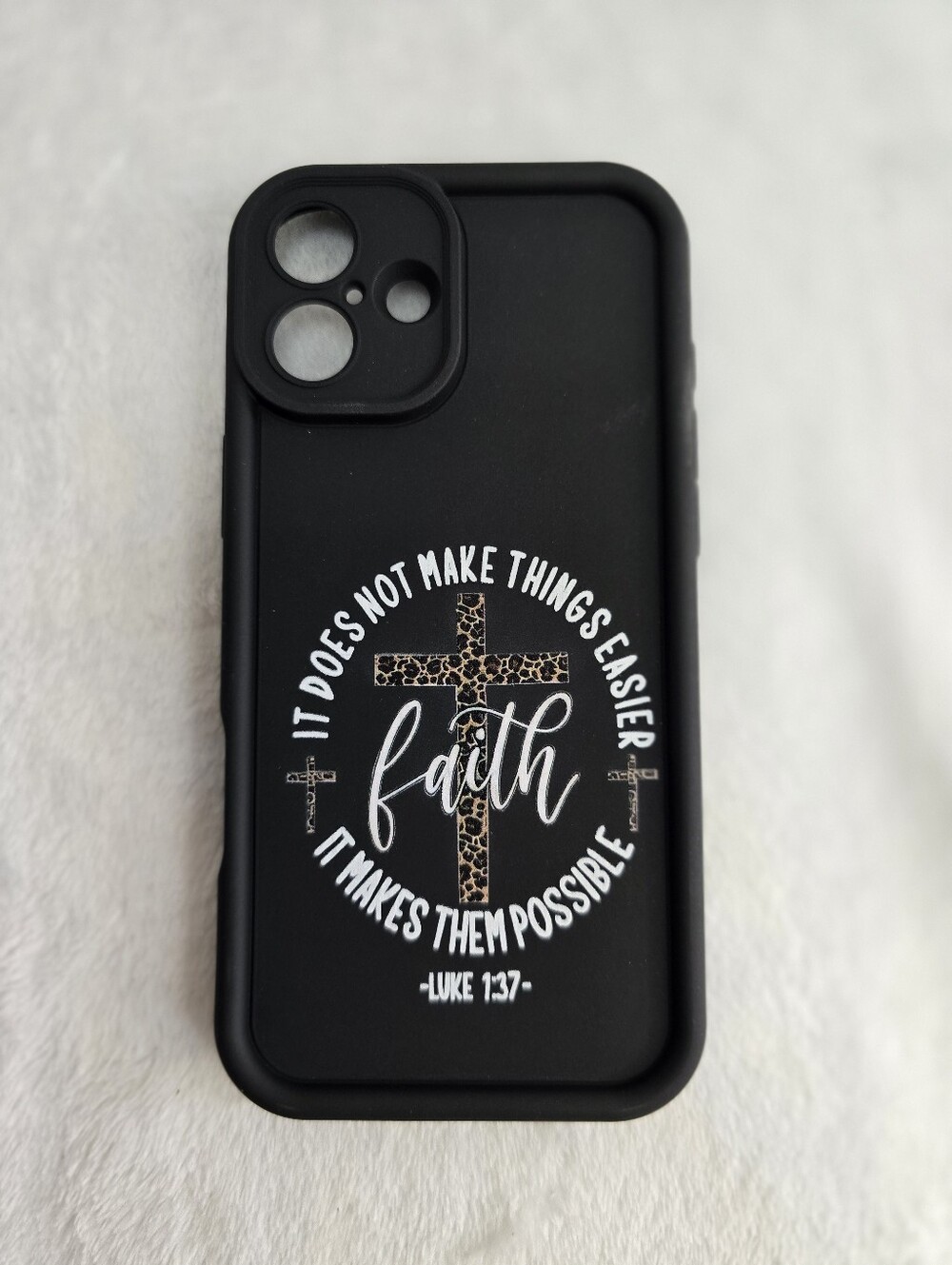 For IPhone 16 Plus Faith Luke 1:37 Leopard Cross Black Protective Phone Case New